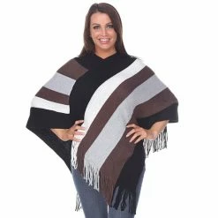 Women's White Mark Striped Fringe Poncho