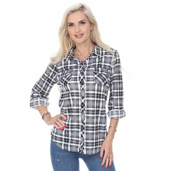 Women's White Mark Oakley Stretchy Plaid Top White Black 3 Women's White Mark Oakley Stretchy Plaid Top White Black
