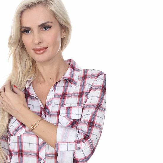 Women's White Mark Oakley Stretchy Plaid Top White Black 5 Women's White Mark Oakley Stretchy Plaid Top White Black - Image 3