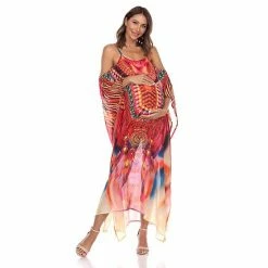 Maternity White Mark Cold-Shoulder Sheer Maxi Caftan Red Orange -White Mark Sales unnamed file 2079