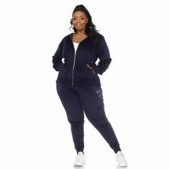 Plus Size White Mark Rhinestone 2-Piece Velour Tracksuit Set Black