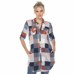 Women's White Mark Plaid Tunic Top Burgundy White
