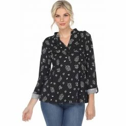 Women's White Mark Pleated Long Sleeve Leaf Print Blouse Black