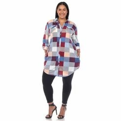 Plus Size White Mark Plaid Tunic Shirt Blue