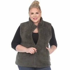 Plus Size White Mark Zip Up Sherpa Vest Army Green